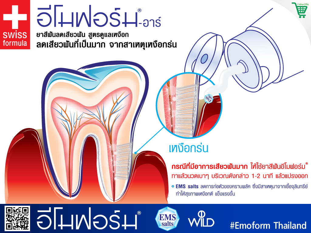 กรณีที่มีอาการเสียวฟันมาก ให้ใช้ยาสีฟันอีโมฟอร์ม ทาแล้วนวดเบา